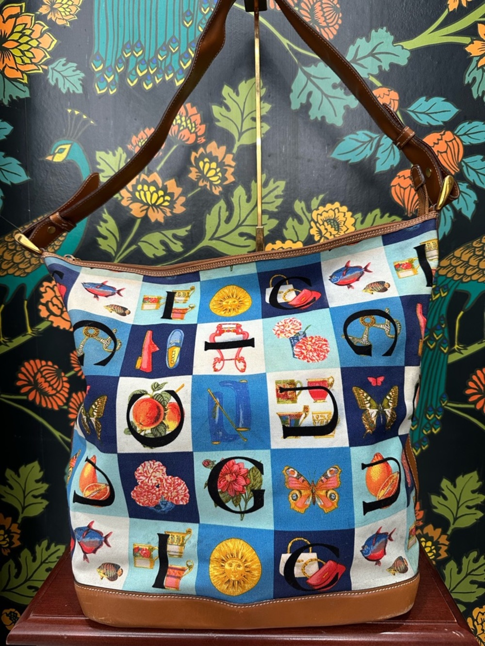 Vintage Gucci Alphabet Print Canvas Shoulder Bag Bamboo Charm Y2K Italy - Picture 3 of 12